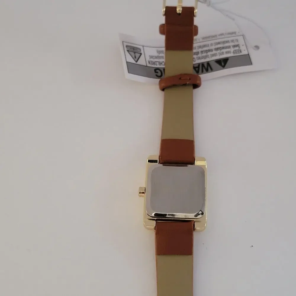 Nine West Womens Watch White Dial Gold Case Brown Faux Leather Strap Quartz